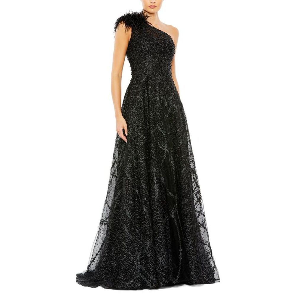 Mac Duggal Womens  Embellished One Shoulder A Line Gown, Black